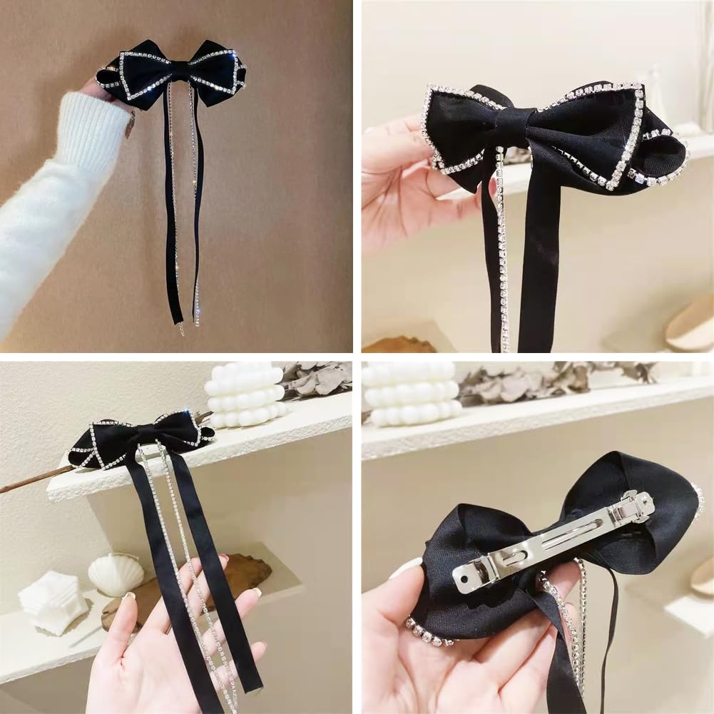 Large Bow Hair Clip Long Ribbon Hair Bows Rhinestone Tassel Hair Clip Barrette French Design Hair Styling Accessories for Women Girls - Image 2