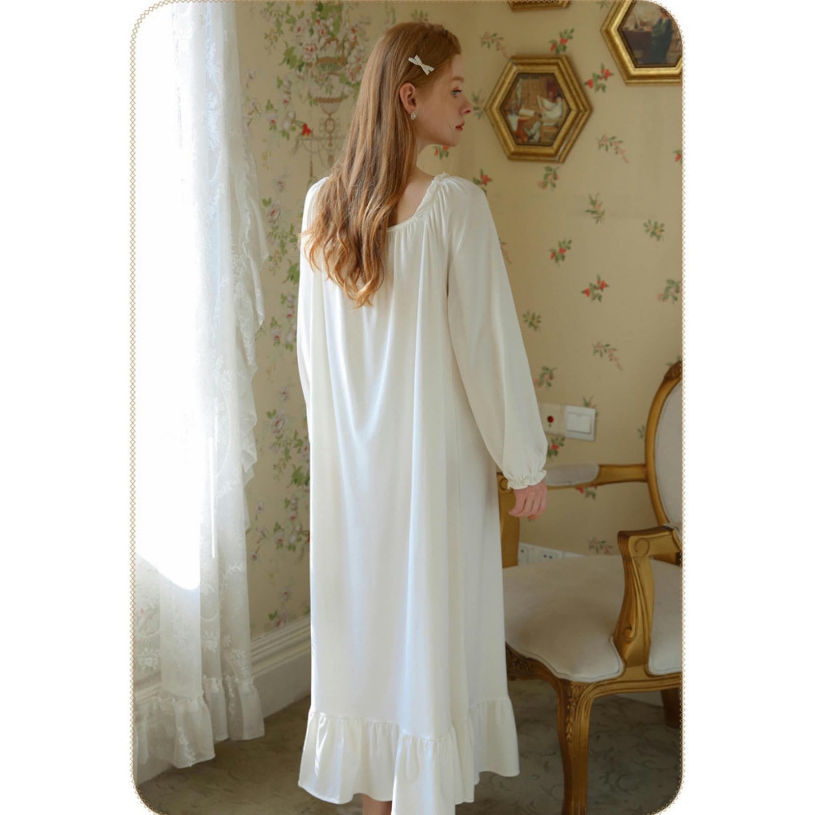 Camicia da Notte Donna Nightdress Cotton Women Spring And Autunno Sottile retrò Long Girl Girl Princess Style Long Sleeve Pigyamas-Bianco-L
