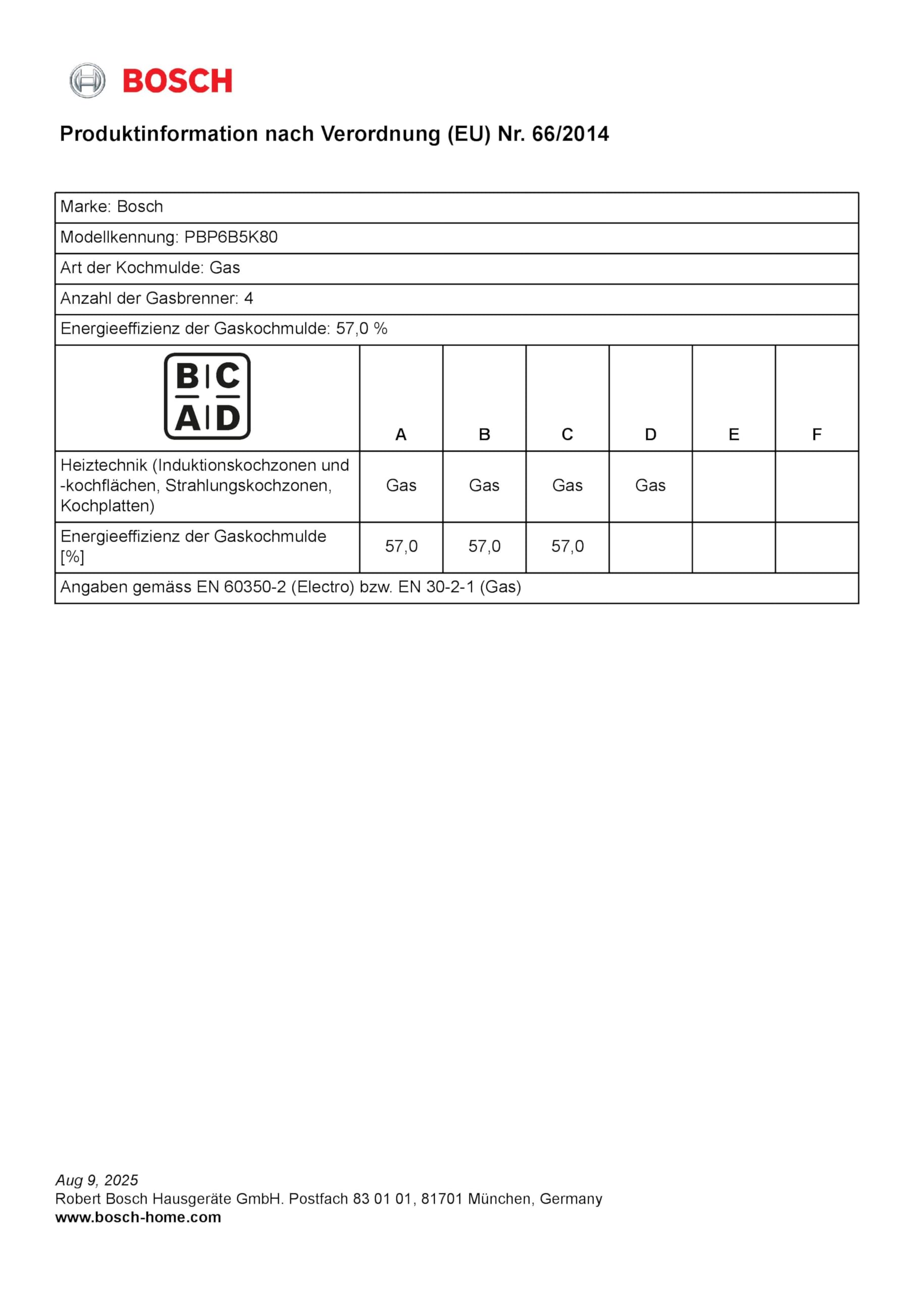 Bosch PBP6B5K80 Serie 2 Gaskochfeld, 60 cm, 4 Kochzonen, Thermoelektrische Zündsicherung, Sicherheits-Gasabschaltung, Düsensatz für Flüssiggas, Seitliche Bedienknebel, Edelstahl