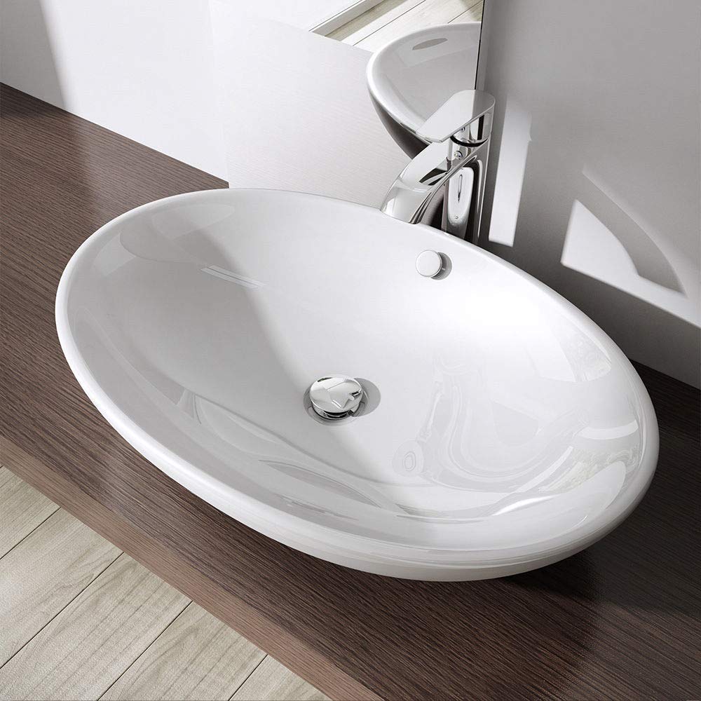 Durovin Bathrooms Ceramic Bathroom Basin - Countertop Sink Oval Vessel Sink - Smooth Bottom with Overflow Slot (630 x 420 x 155mm)