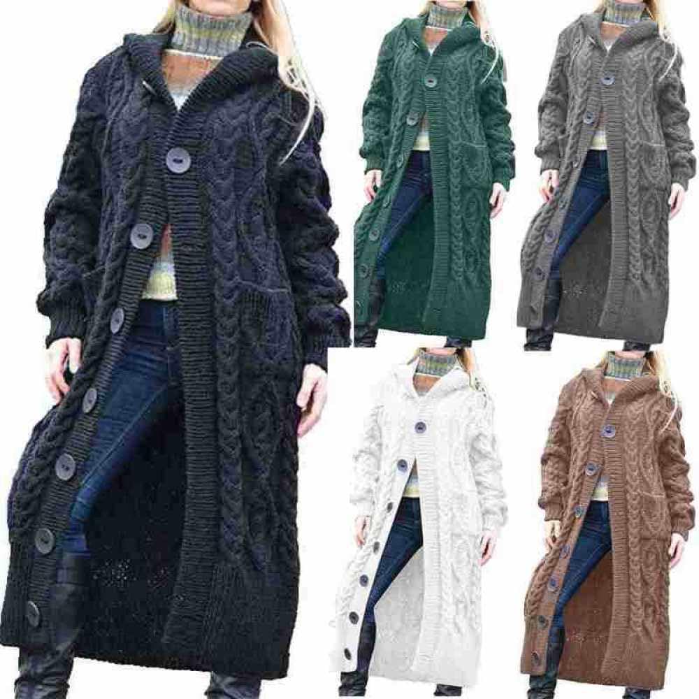 HGJH Damen Zopfstrick Kapuzenpullover Cardigan Vorne Offen Lange Strickjacke Lockere Knöpfe Weicher Pullover Elegante Übergangsjacke Kimono Cardigan Mantel Oberbekleidung Herbst Und Winter Schwarz L