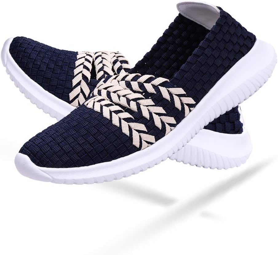 DAYOUT Slip On Walking Shoes for Women's Woven Wedge Casual Deck Loafers Comfort Lightweight Handmade Elasticized Shoe (US5.5, Blue)