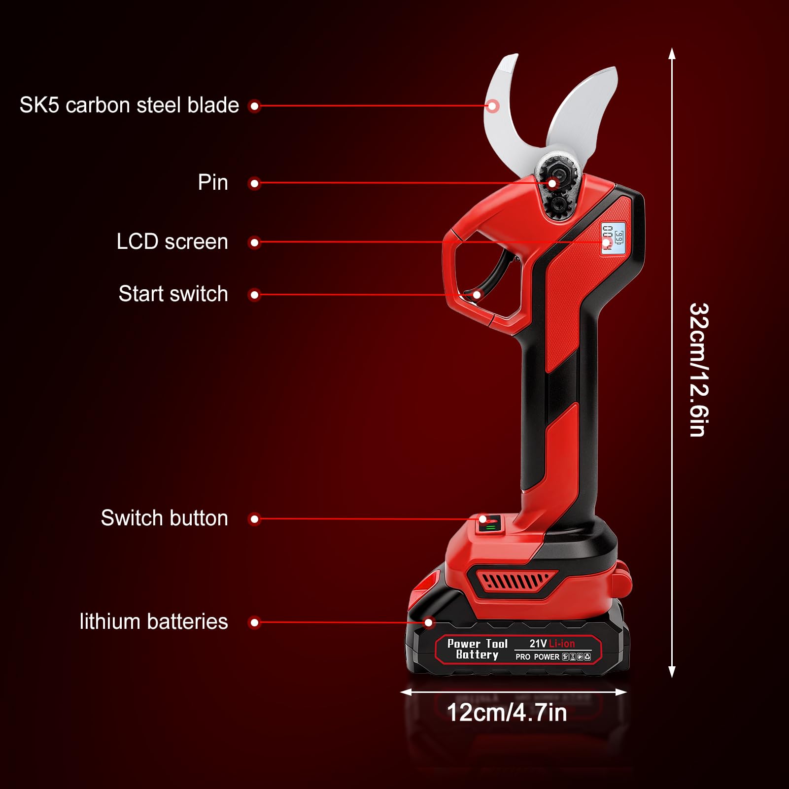 Sécateur électrique à batterie sans fil max 40 mm, brushless, avec 2 batteries de 2000 mAh, affichage LCD avec compteur de coupes, lames en acier SK5, pour jardins, branches, vergers, rouge