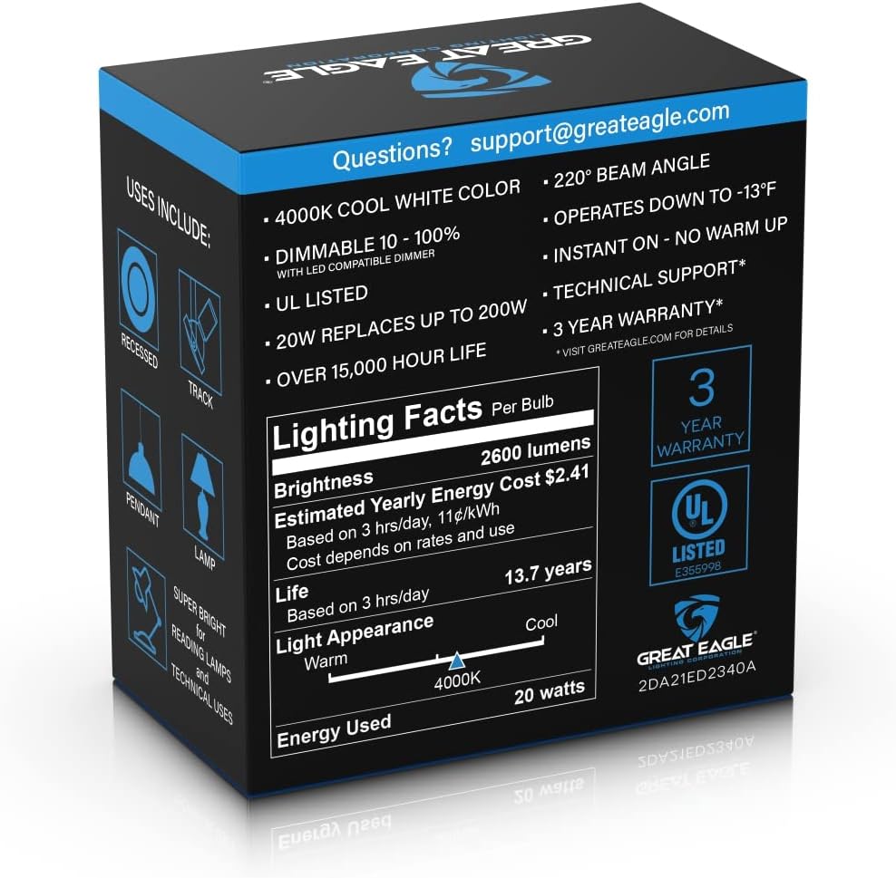 Great Eagle Lighting Corporation Super Bright LED Light Bulb 150W-200W Equivalent Dimmable 4000K Cool White UL Listed (2 Pack)