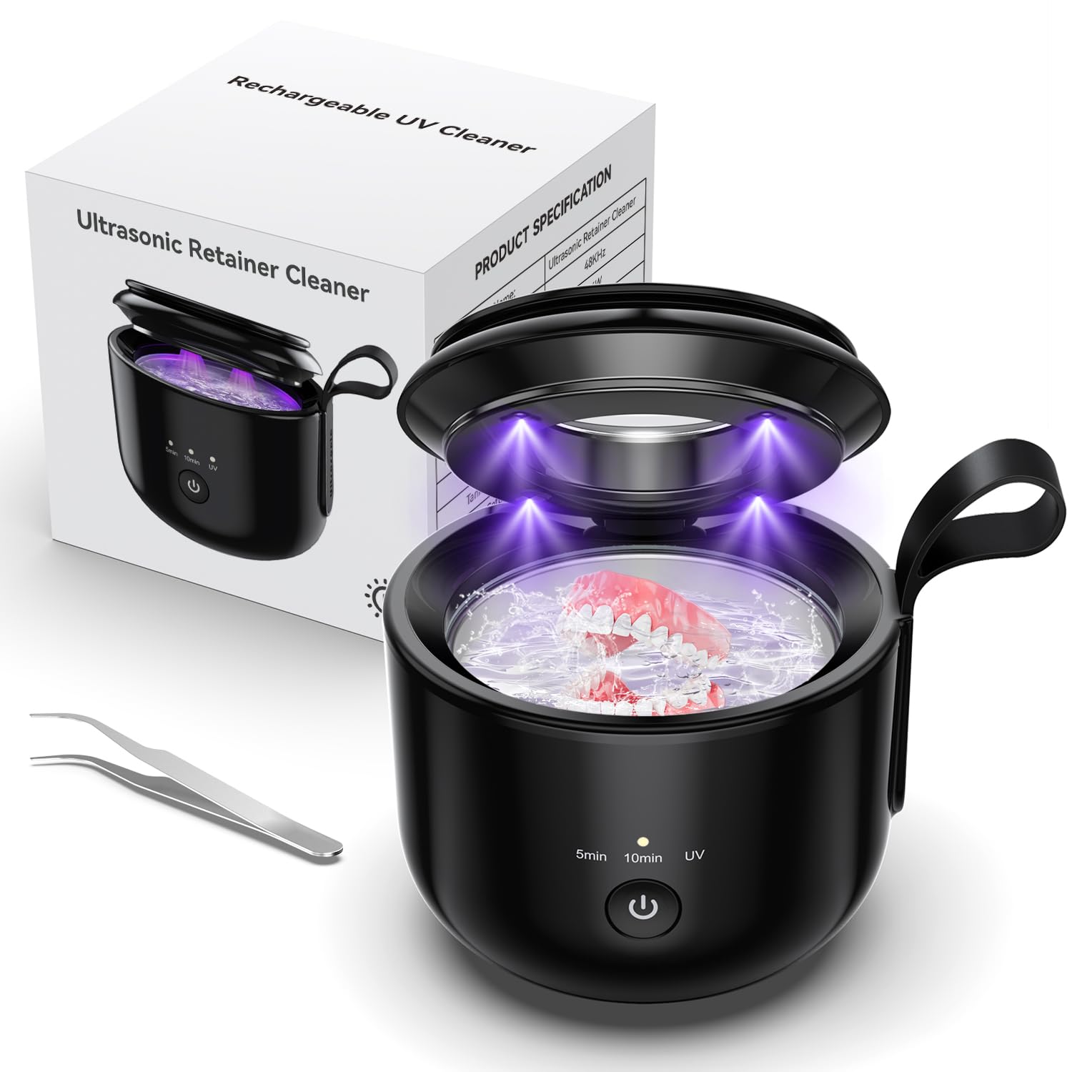 Kabelloser Ultraschall-Beißschiene-Reiniger 48 kHz, Ultraschall-Prothesenreiniger 125 ml mit UV-Licht für Zahnspangen, Zahnbürstenköpfe, Schmuck, 3 Modelle, tragbares Design.