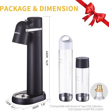 Sparkling Water Machine Soda Maker Beverage Drink Dispenser for Home, Soda Streaming Maker with BPA Free Bottle 1L+0.5L, Seltzer Fizzy Maker Screw-in 60L CO2 Not Included, Black