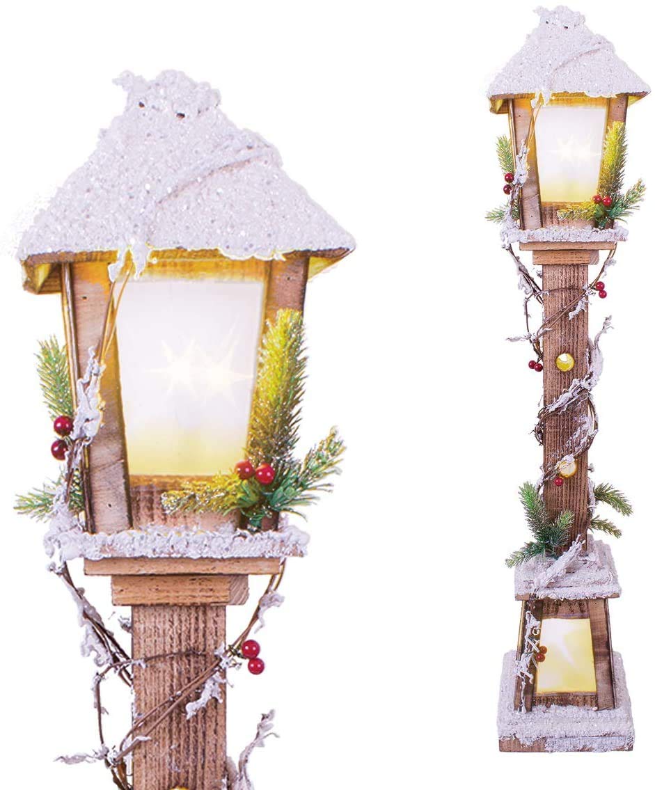 Lampione Natalizio in Legno h. 85 cm Bianco innevato con Luci LED Base 16x16cm Alimentazione a Batteria Decorazione Natalizia Babbo Natale