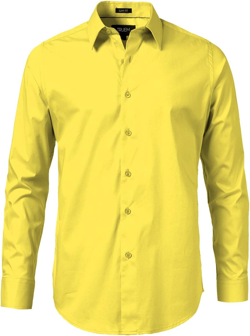 TrueM Mens Slim Fit Dress Long Sleeve Shirts, 11 (Yellow, S-14-32)