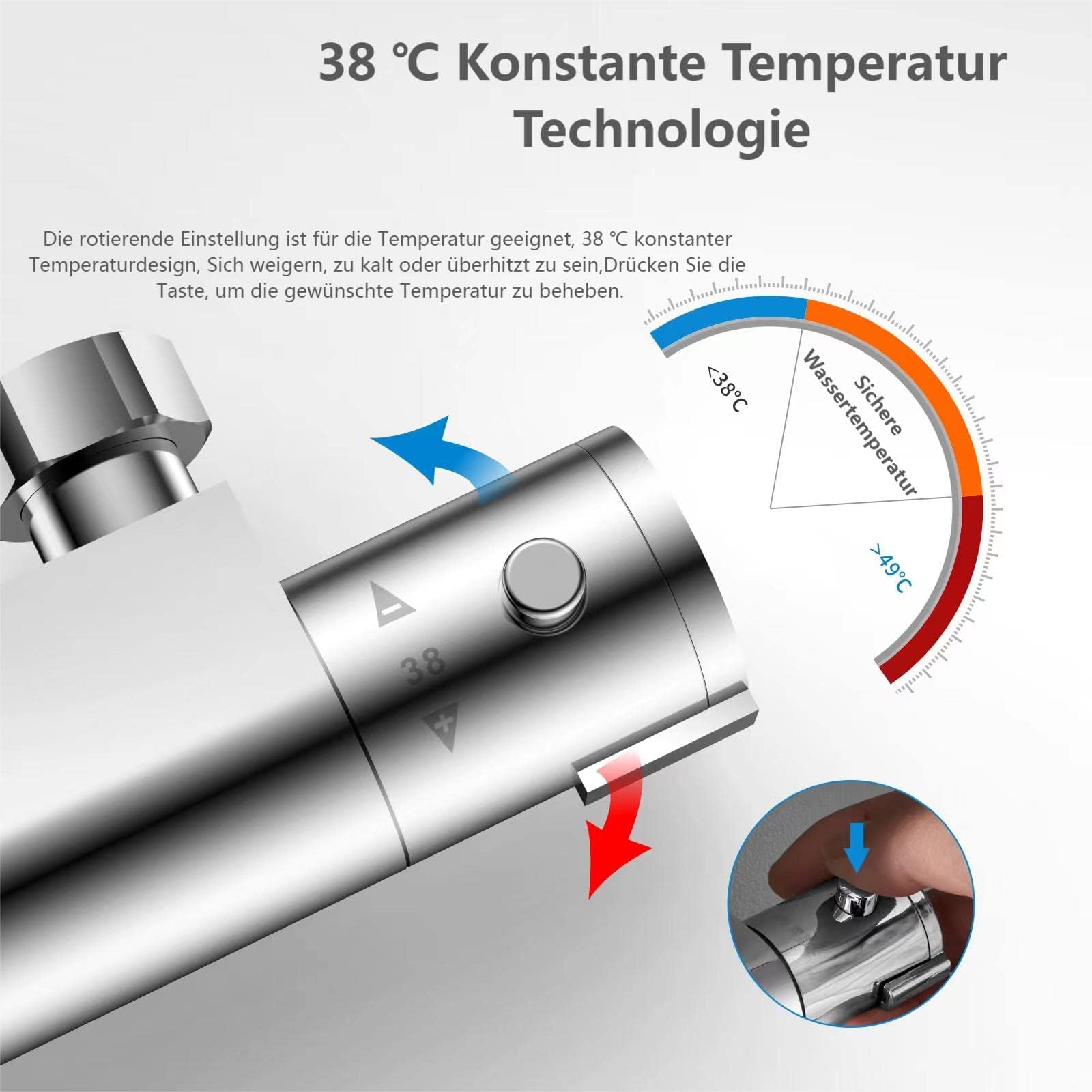 YOOZENA Duschsystem mit Thermostat, Regenduschkopf 26x19 cm, Handbrause, Chrom, Kupfer, höhenverstellbare Duschstange,duscharmatur komplettset