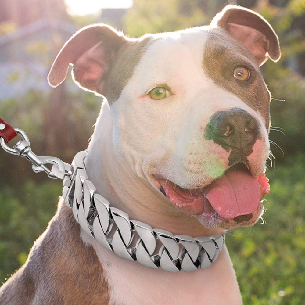 LINGYUN Goldkette Hundehalsband Hochleistungs-Choke Kubanische Hundekette für Große Hunde, 30 Mm Breite, Hundehalsband, Starke Stahlmetallglieder für Große Rassen,Silber,50CM/19.5in