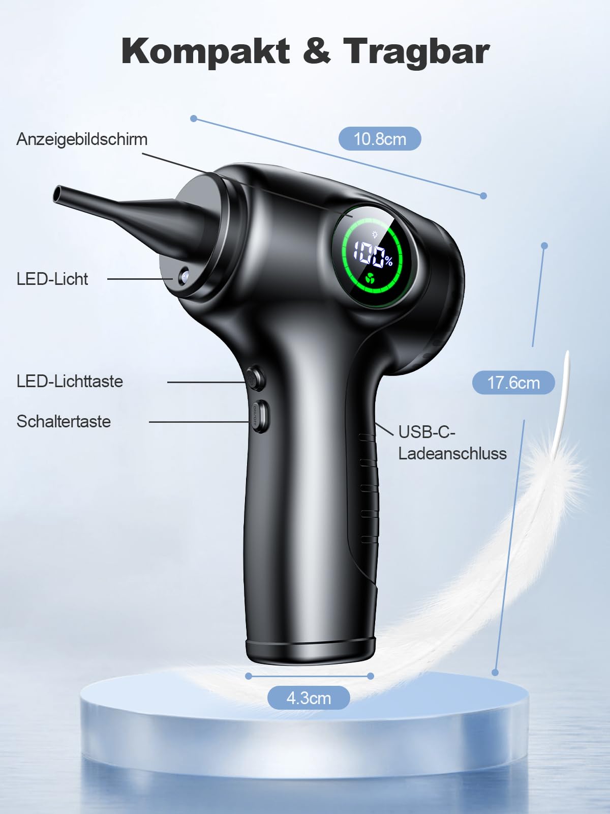 Staubgebläse Druckluftspray, 3-Gang 90000 U/min Elektrischer PC Reinigungsset, 6000mAh Aufladbar Compressed Air Duster mit LED-Licht & 5 Wechselbaren Düsen für Tastatur, PC, Auto, Sofa, Kamera
