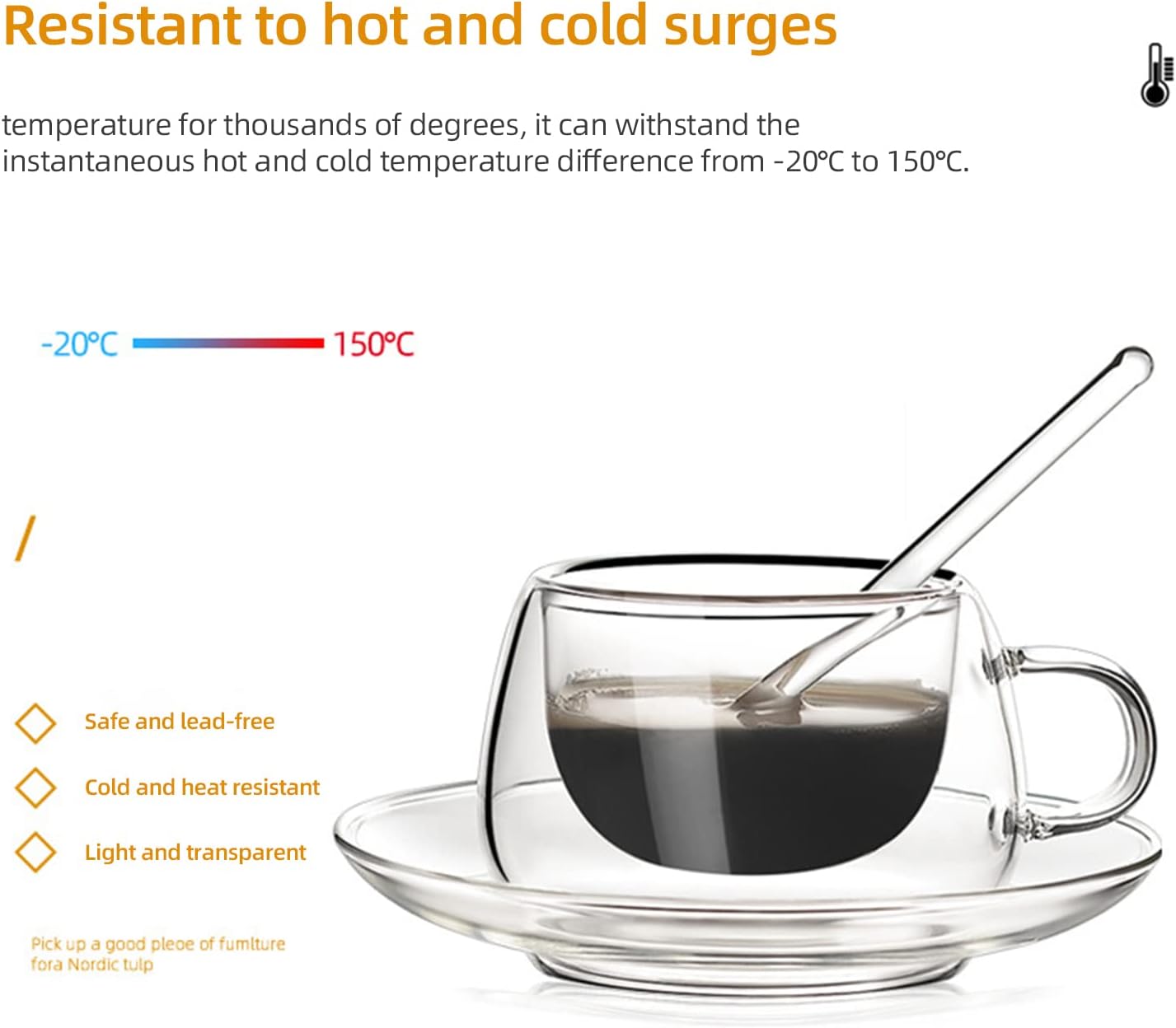 Asodomo Espresso Cups with Saucers and Spoons Set of 2, 250ml/8.5oz Double Wall Insulated Glass Cups Clear Coffee Mugs with Handle for Hot and Cold Tea Cappuccino Latte