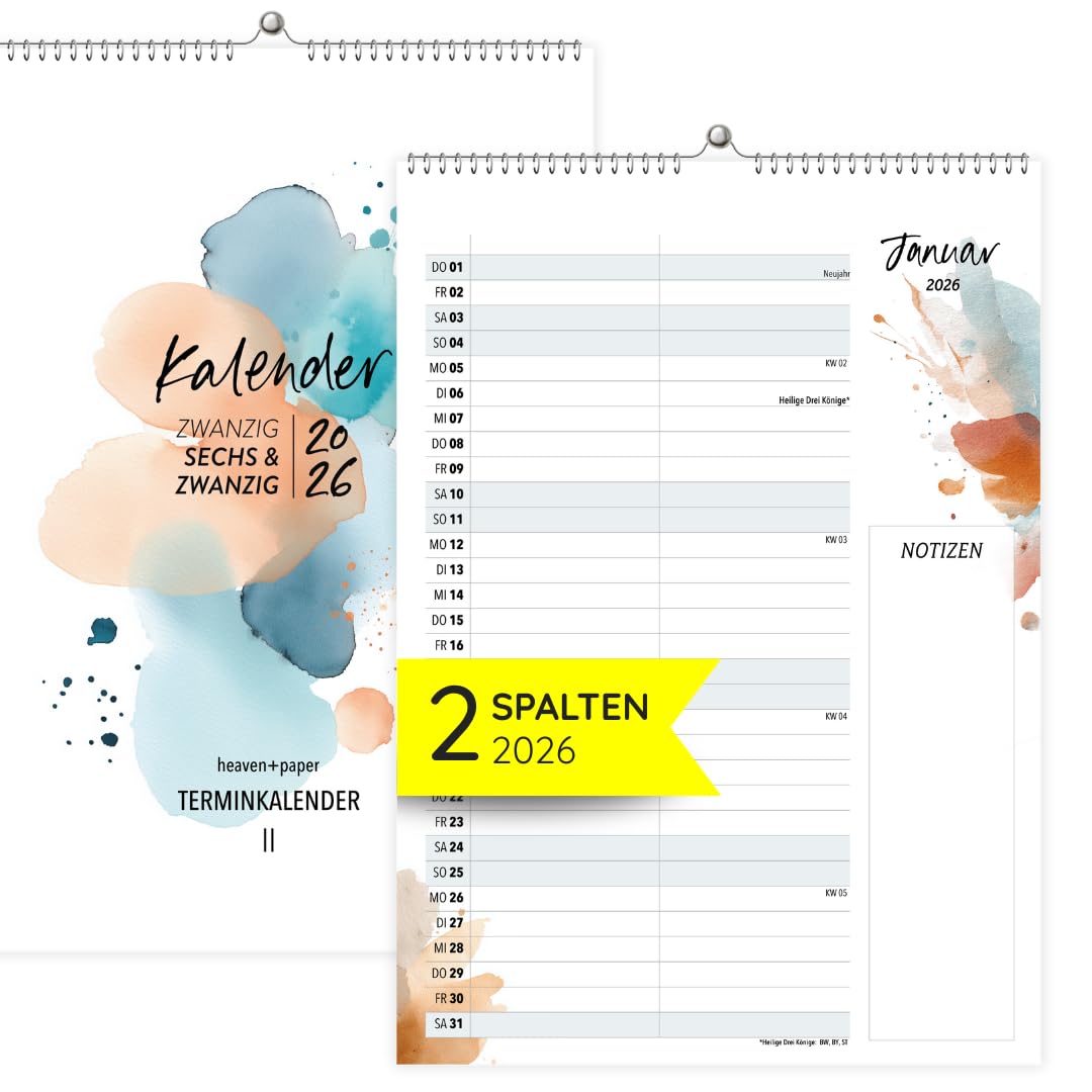 heaven+paper Paarplaner 2 Spalten Aquarell Kunstkalender - Kalender für einen oder zwei 2026 mit Feiertagen, Schulferien - Wandkalender 2026 (Happy Splash, 2 Spalten)