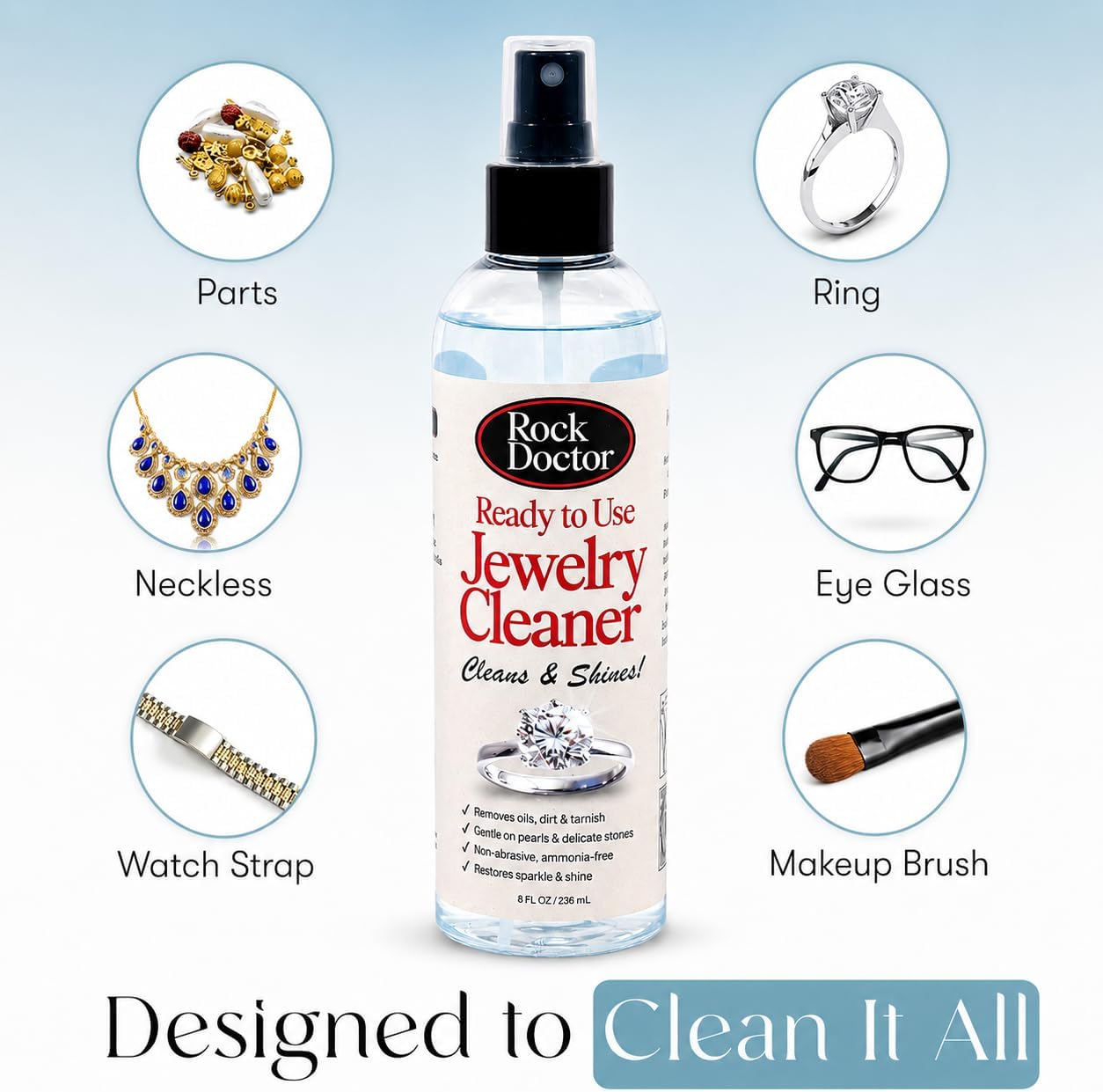 Rock Doctor Jewelry Cleaner Spray – Gentle Solution for Diamonds, Gold, Silver, Pearls, & Precious Stones – Restores Sparkle & Shine – 8 oz