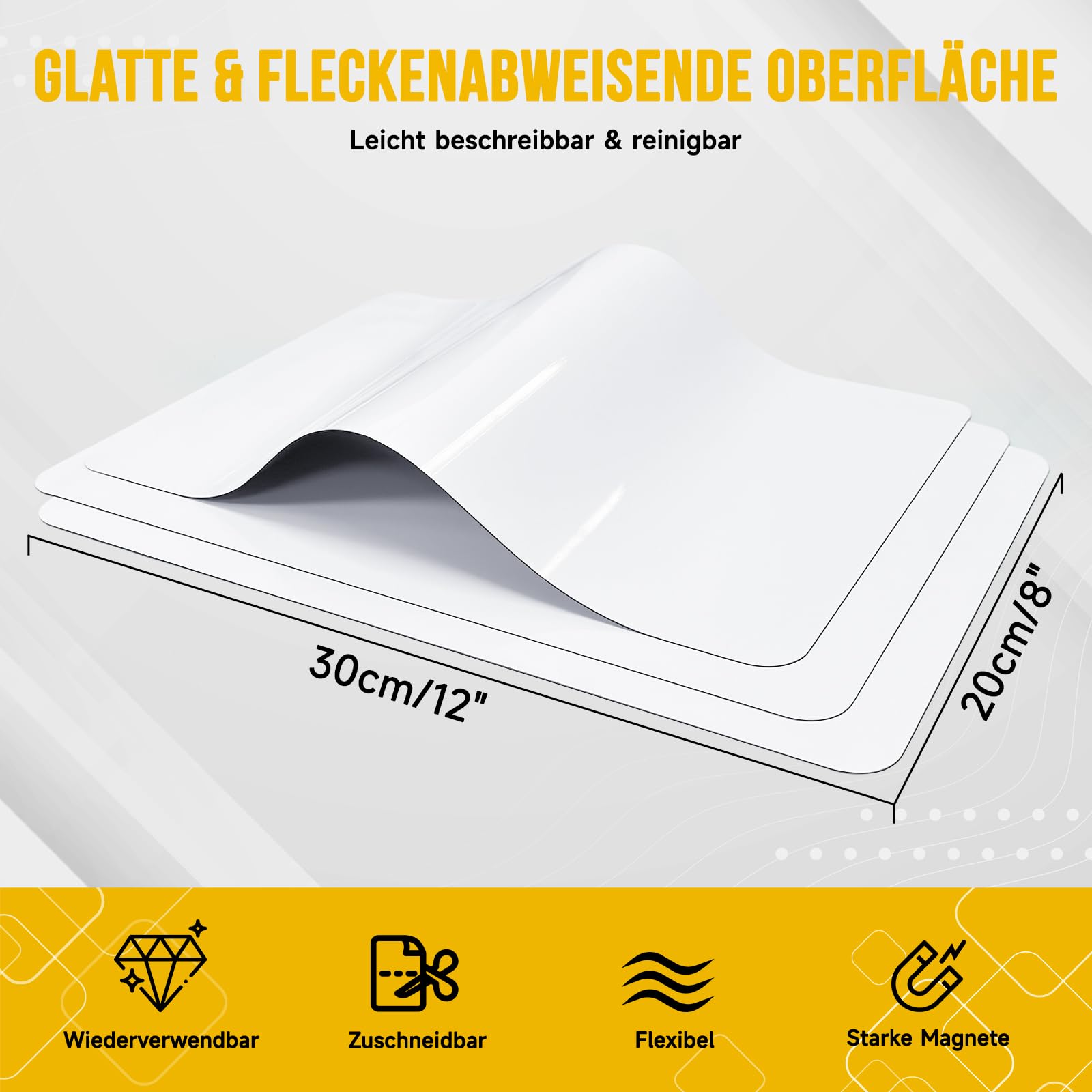 3 Stück Mini Magnetisches Whiteboard für Kühlschrank 30x20cm | Abwischbare A4 Magnetfolie für Küche u. Familie. Zuschneidbarer Wochenplaner. Inkl. 3 magnetische Stifte, 1 Schwamm
