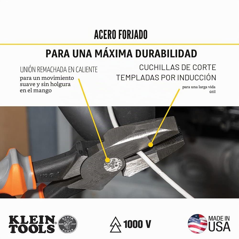 Klein Tools 2139NERINS 1000V Insulated Side Cutter Pliers, Made in USA, High Leverage Design, Induction Hardened Knives, 9-Inch