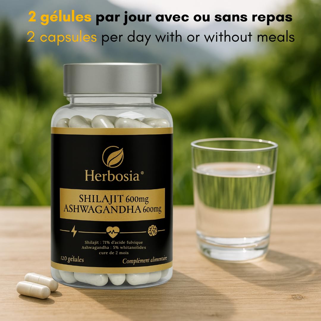 Shilajit 600 mg + Ashwagandha 600 mg – Complément Ayurvédique Origine Himalaya | 71% Acide Fulvique & Oligo-Éléments Naturels | Énergie, Vitalité & Anti-Stress | 120 Gélules