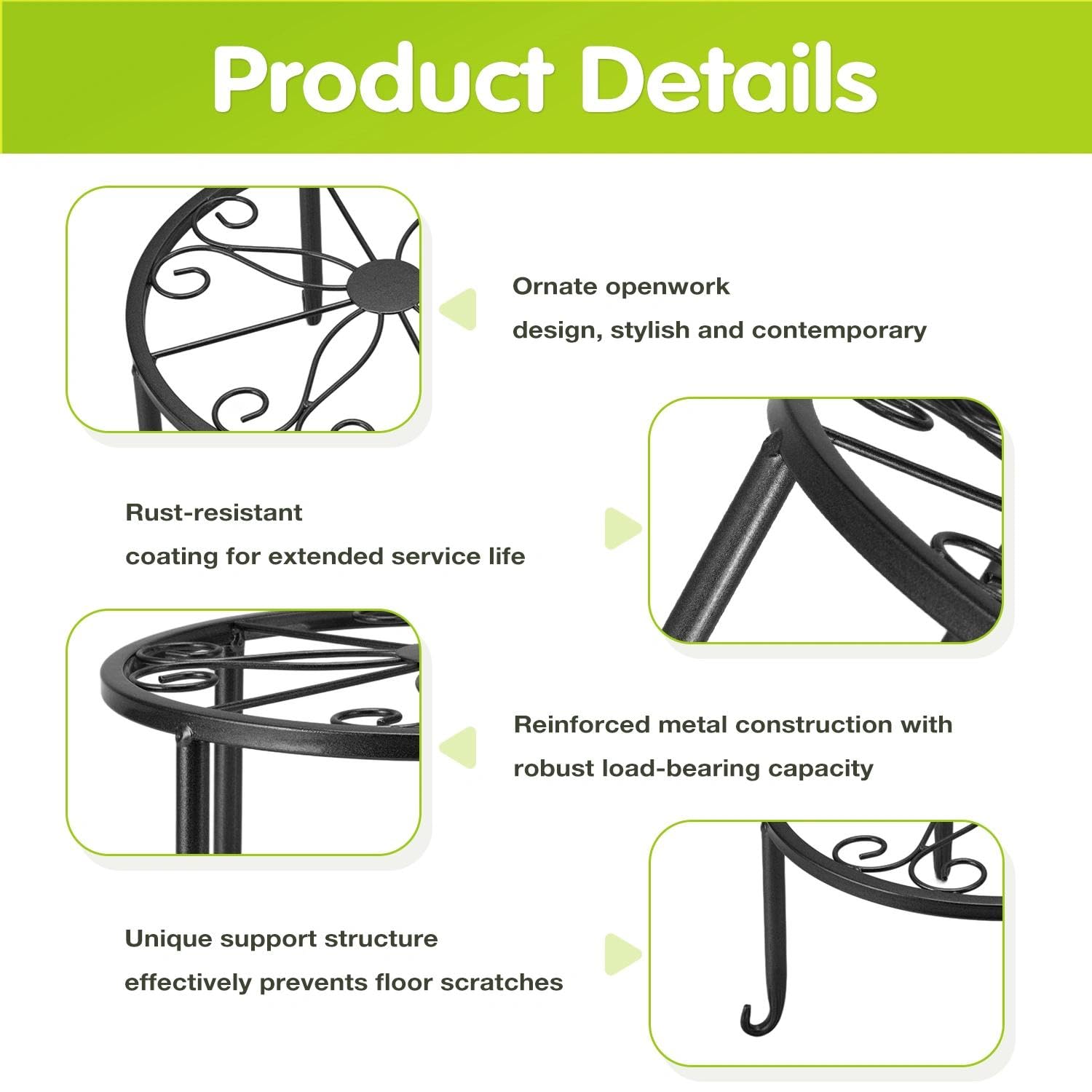 Tissting Support pour Plantes en Métal, Jardinières D'intérieur et D'extérieur, Support Robuste pour Pots de Fleurs, Support pour Plantes en Fer à Une Seule Couche, Support pour Pots(Large-Le Noir)