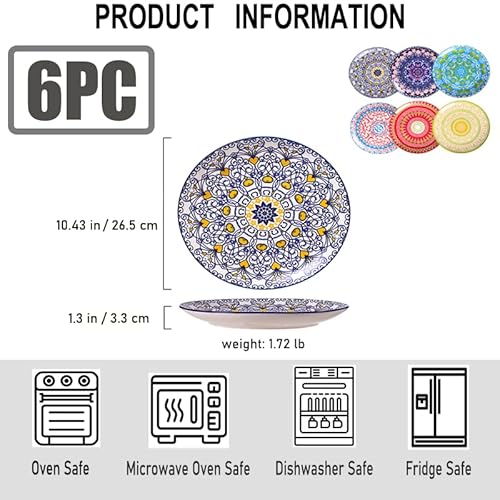 Kuto Ceramic Dinner Plates Set Of 6 - Dish Set 10.5 Inch- Microwave, Oven And Dishwasher Safe, Kitchen & Restaurant Pasta Salad Porcelain Plate - Bohemian Style #TOP1