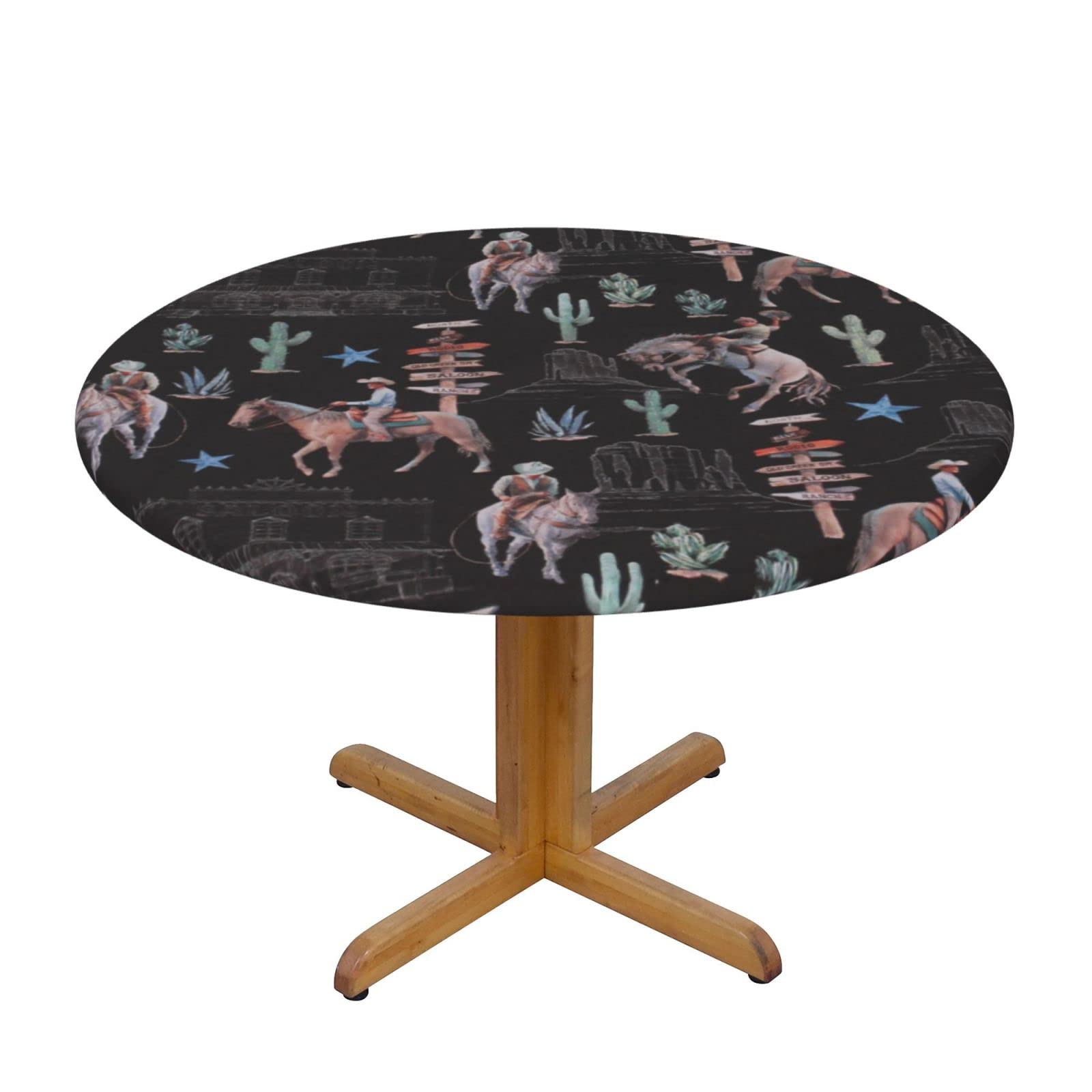 Lsjuee Round Fitted Tablecloth 40-44in Elastic Edged Table Cloth for Kitchen Dining Party Home Decor - Western Cowboy Cactus Black