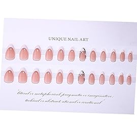 French Tip Press on Nails Almond Short Fake Nails Flower False Nails with Designs Rhinestones Glossy Full Cover Acrylic Glue on Nails Cute Artificial Stick on Nail for Women Manicure 24Pcs