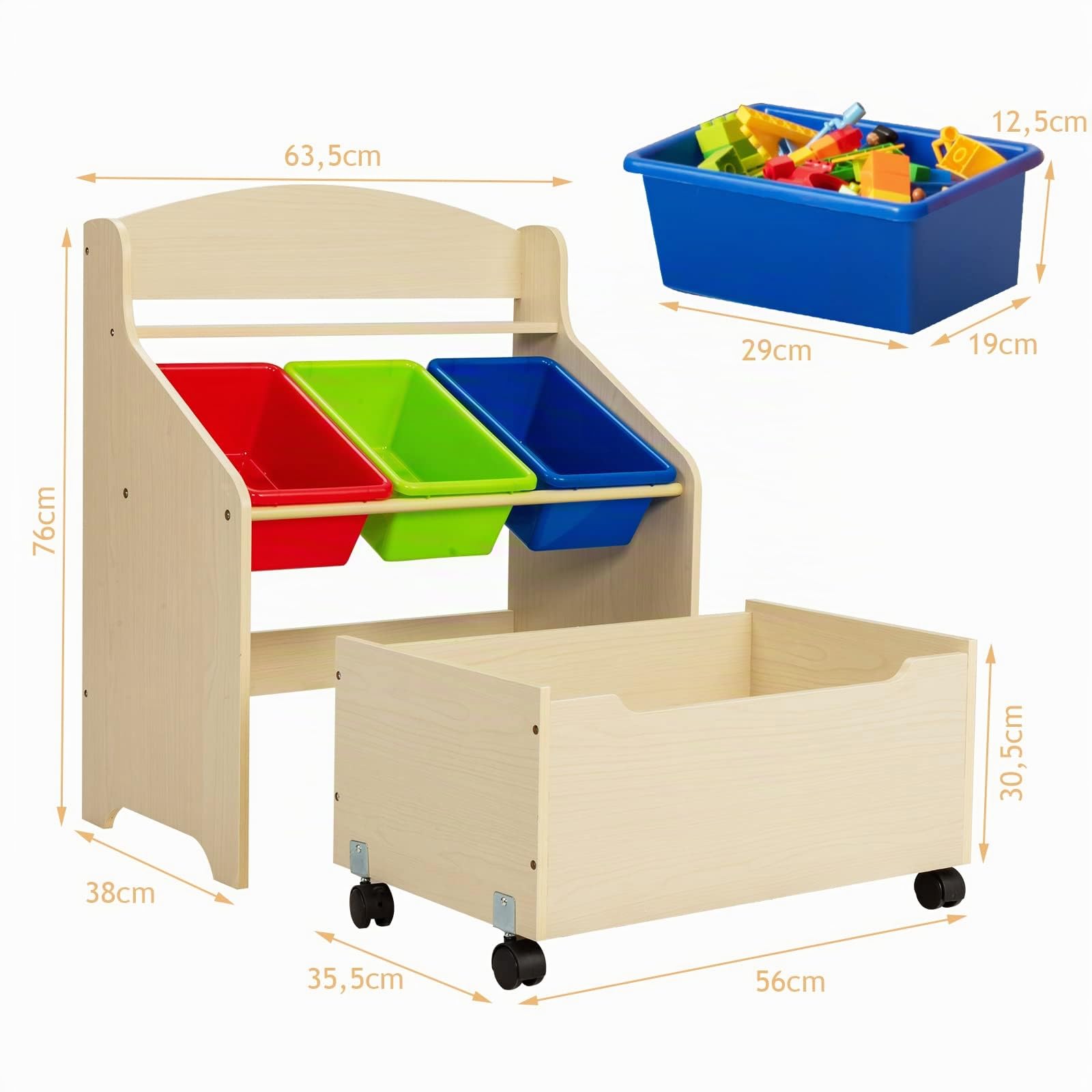 DREAMADE Coffre à Jouets pour Enfants avec 3 Palettes, Boîte de Rangement en Bois, PP, Fer, Grande Capacité de Chargement pour Jouets, Livres, Vêtement, 63,5X38X76 CM(Noyer)
