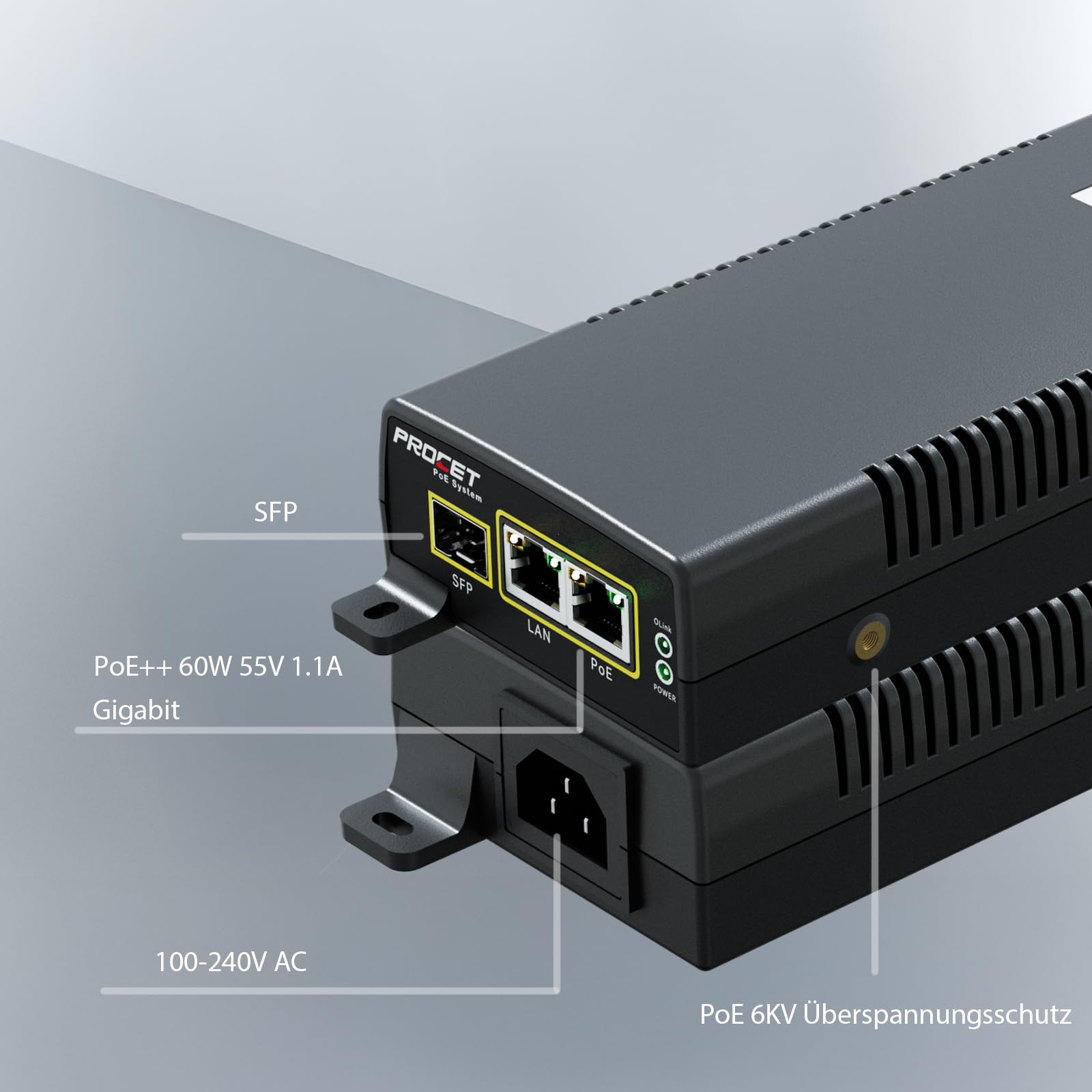 PROCET PoE-Injektor SFP Gigabit PoE++ 60 W, -40 °C bis 55 °C, für PTZ-KI-Kameras, Cisco-/UniFi-WLAN-Access-Points, Small Cells, Smart Factories und kommerzielle Kiosk-Displays