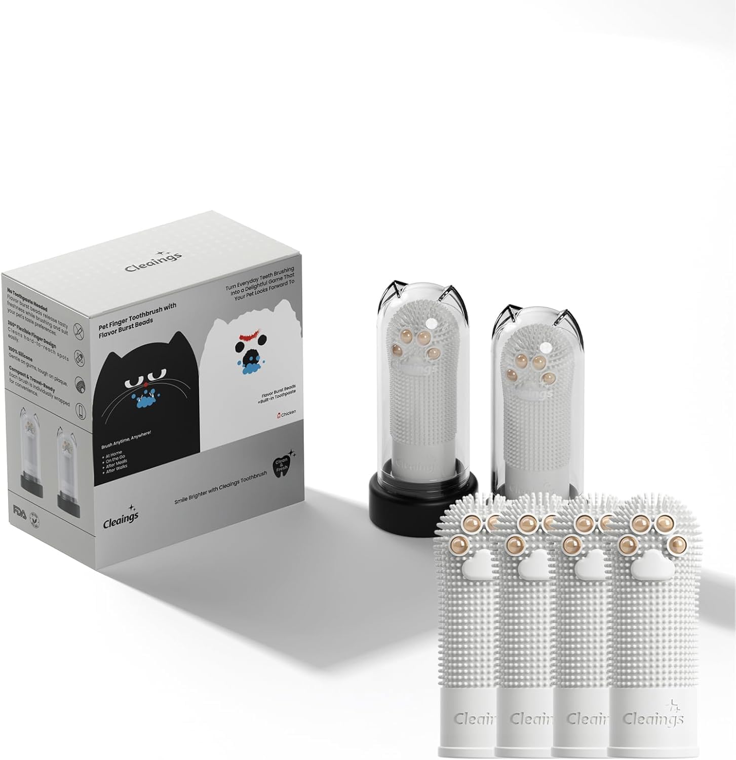 Cleaings Dog Toothbrush with Toothpaste Beads, 6 Silicone Finger Toothbrushes & 72 Chicken Flavour Toothpaste Beads, Pet Dental Care for Dogs & Cats, Plaque & Tartar Removal