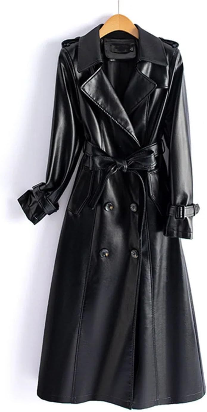 Women Double-Breasted Lace-Up Belt Genuine Leather Trench Coats Mid Length Women Real Sheepskin Windbreaker