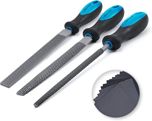 LIBRATON Wood Rasp Set, 3PCs - Wood Rasps, Sandpaper, Flat & Round Files for Shaping & Sharpening