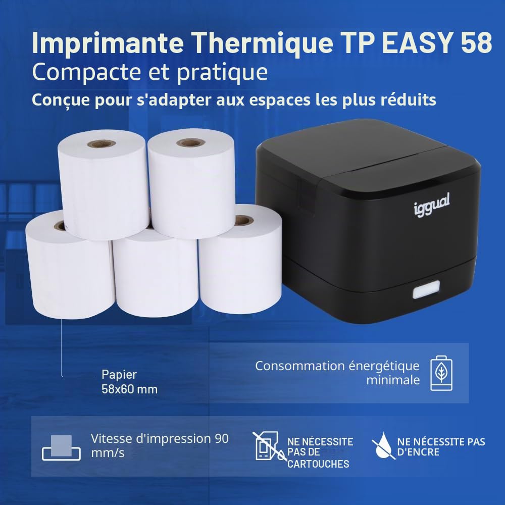 iggual Imprimante thermique de tickets TP Easy 58 - Connexion USB + RJ11, 58 mm d'impression, vitesse 90 mm/s, 203 x 203 dpi, Windows 11/10/8/7/Vista/XP/2000/JPOS/Linux, SDK Android, iOS, Windows (139