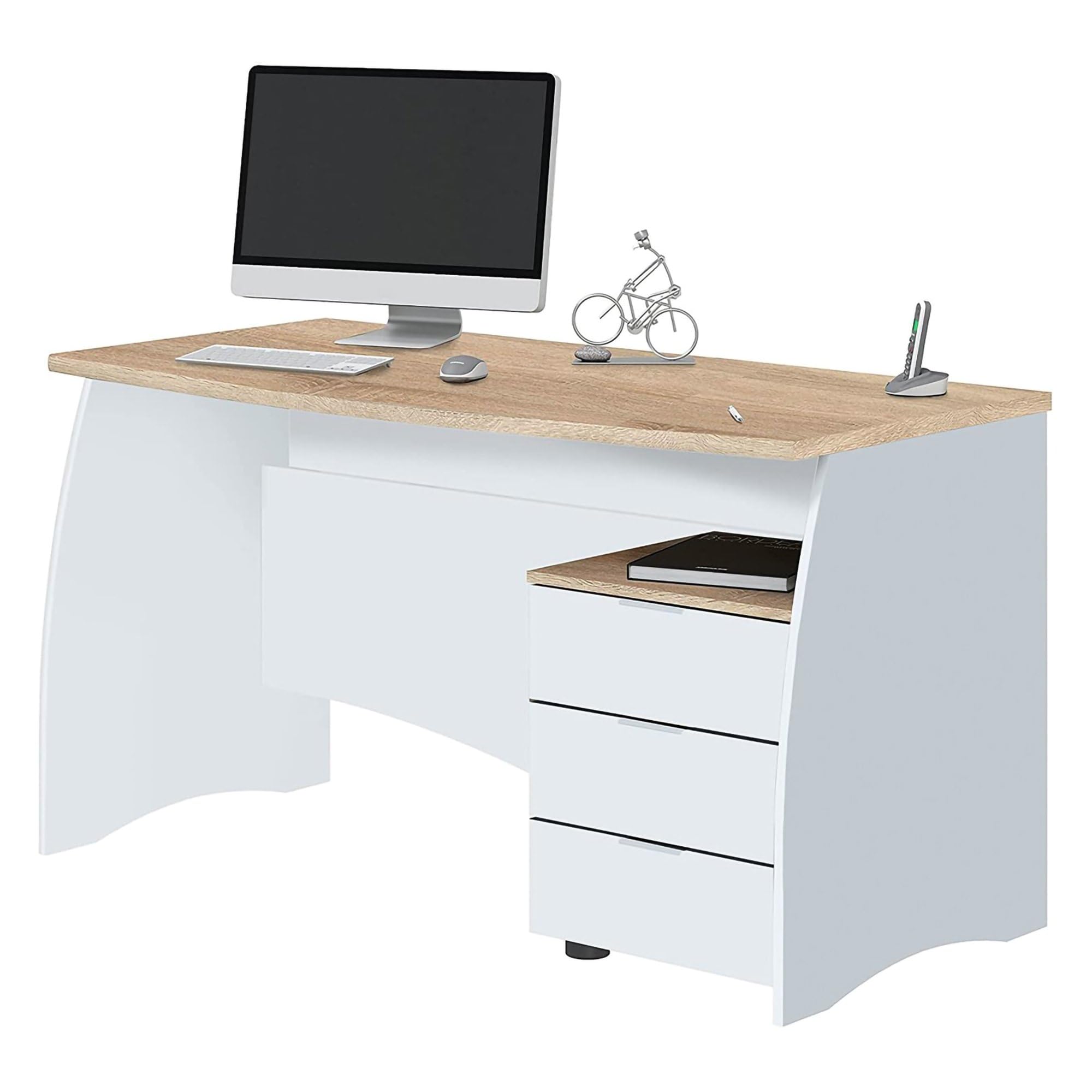 Dmora - Scrivania Carrollton, Scrittoio da ufficio, Tavolo da studio porta PC con 3 cassetti, 136x67h74 cm, Bianco e Rovere