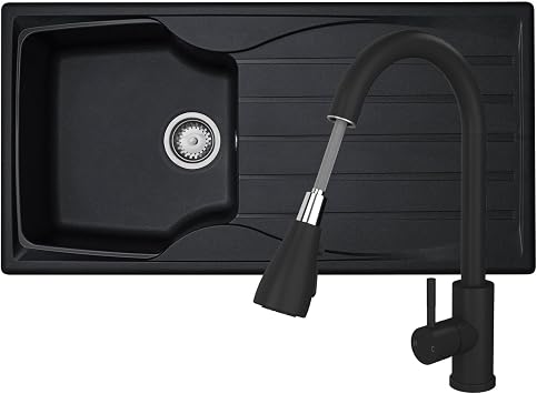 Liquida CMP10BL 1.0 Bowl Reversible Black Kitchen Sink and KPO11MB Black Tap