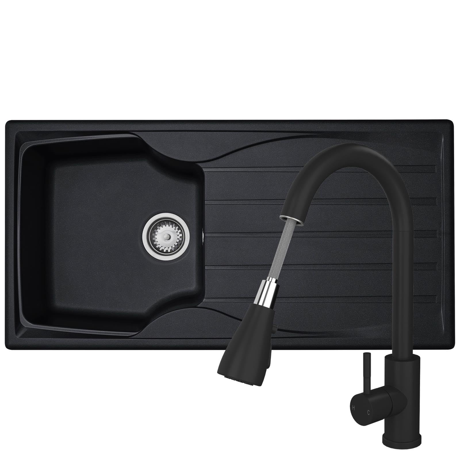 Liquida CMP10BL 1.0 Bowl Reversible Black Kitchen Sink and KPO11MB Black Tap