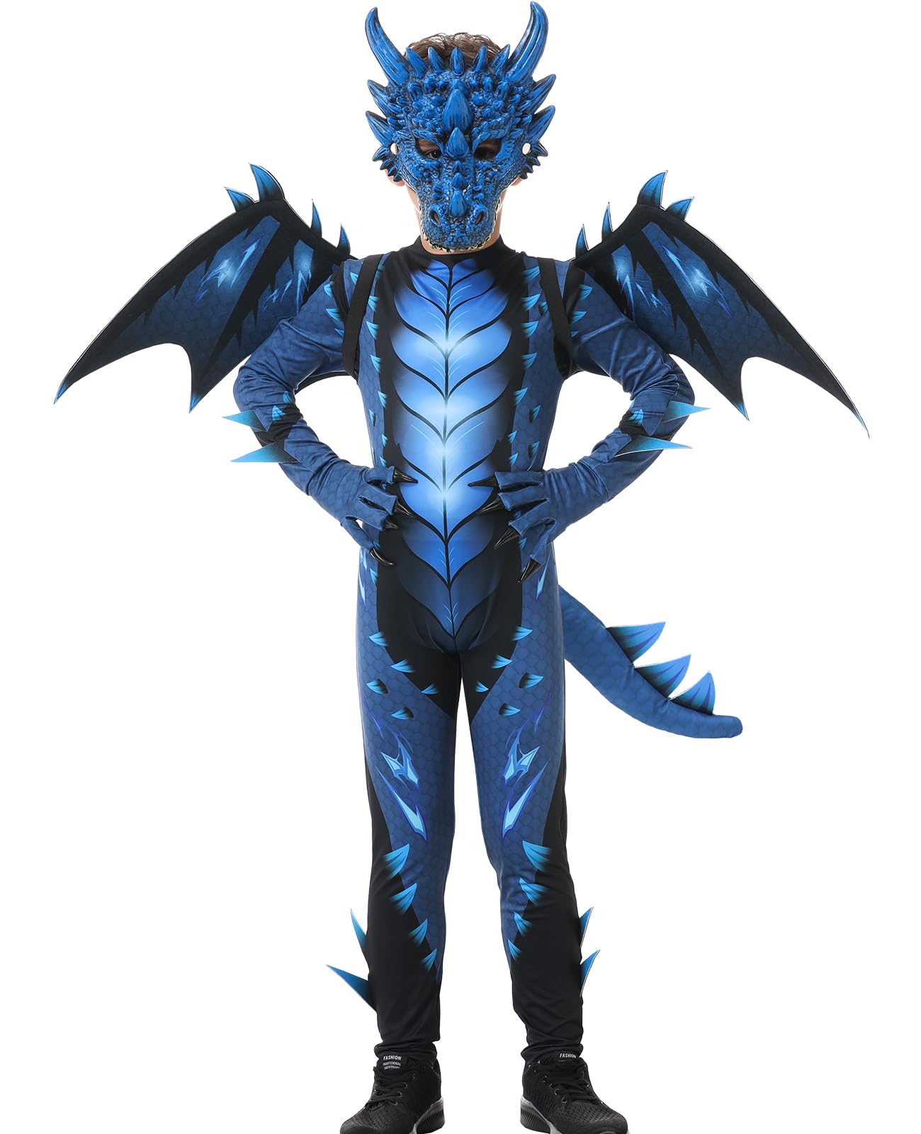 Heionia Dragon Costume Children's Dragon Costume with Wings Masks for Boys Girls Dragon Cosplay Set for Carnival Halloween Theme Party Fancy Dress (Blue