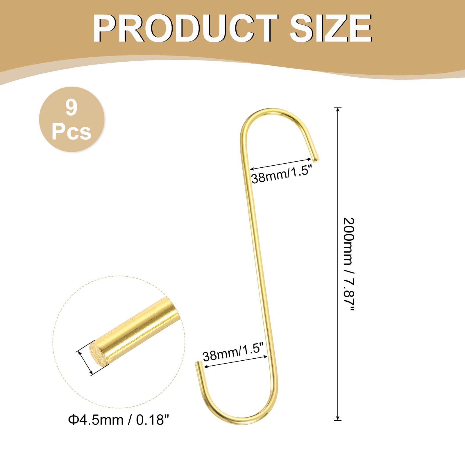 sourcing map Lot de 9 crochets en forme de S pour suspension, cintres en fer extra longs de 20 cm pour armoire, cuisine, atelier, placard, salle de bain, jardin - Doré
