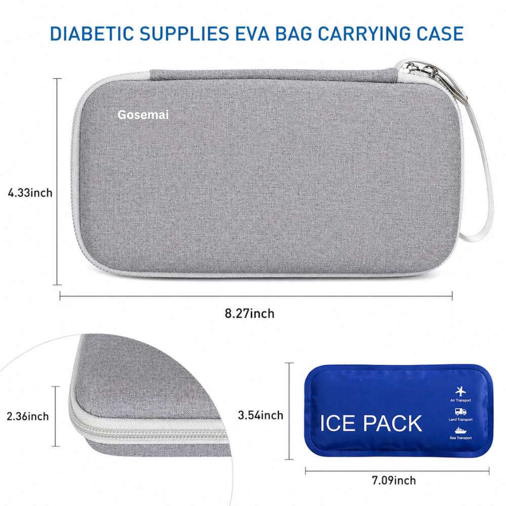 Gosemai Insulin Cooler Travel Case with 2 Ice Packs TSA Approved Hard Shell Diabetic Medication Bag for Insulin Pens Syringes and Tablets Compatible with Ozempic Mounjaro (Grey Small) 2