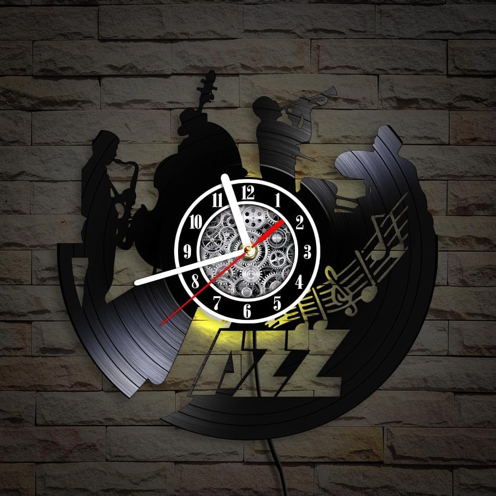 The Geeky Days Musicians Jazz Band Vinyl Record Wall Clock with LED Light Men Play the Cellos Sax Jazz Band Instruments Decor Luminous Timepieces Laser Engraved Vinyl Record LED Lit Wall Clock