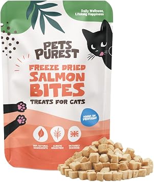 Pets Purest Salmon Freeze Dried Cat Treats - Rich in Omega 3 for Cats & Kittens. Grain Free, Natural Healthy Cat Treats Made from 100% Freeze Dried Salmon 50g