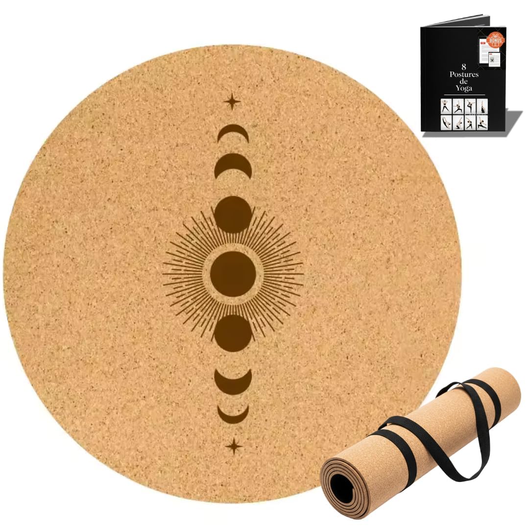 Tappetino da yoga rotondo in sughero naturale – 68 cm, 5 mm di spessore – antiscivolo, ecologico, assorbente e traspirante, incisione 3D precisa, ideale per yoga, pilates, meditazione