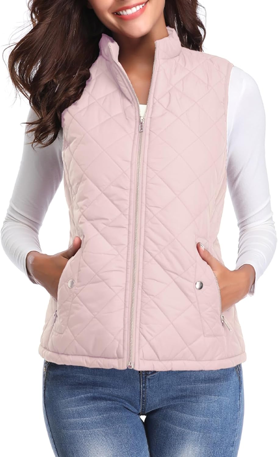 Fuinloth Women's Lightweight Warm Puffer Quilted Vest - 4-Pockets Stand Collar Zip Gilet, Fall Winter Outerwear