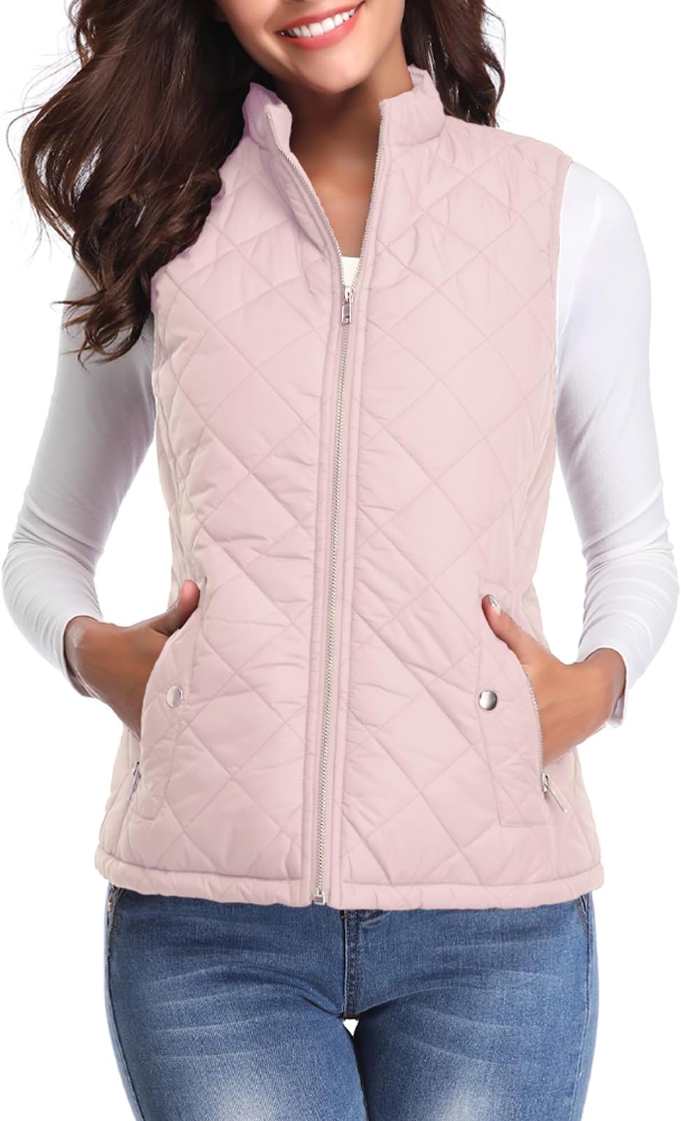 Fuinloth Women's Quilted Vest, Stand Collar Lightweight Zip Padded Gilet