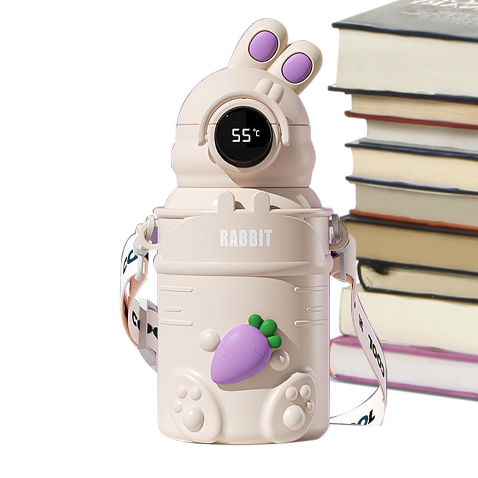 Botella de agua con pajita | Botella de agua de acero inoxidable con | dibujos animados aislada, 500 ml | Taza de viaje a prueba de fugas, pantalla digital portátil de temperatura deportiva con co