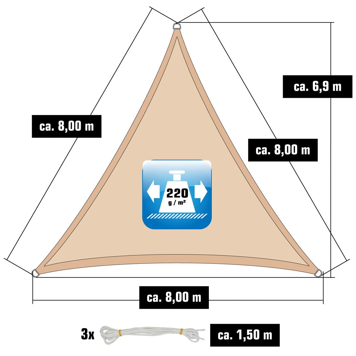AMANKA Vela Ombreggiante 8x8x8 Permeabile - 90% Protezione UV - Vele Parasole da Esterno - Tela Ombreggiante da Giardino Parasole Vela Giardino Telo Pergole Telo per Tende da Esterno Tenda Ombra Mare