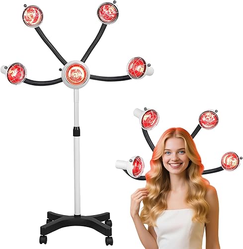 Lámpara de calor de 5 cabezales de 750 W, luz roja, portátil, secador de pelo de piso de pie, con temperatura ajustable, procesador de color de pie,