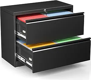 Bonusall Lateral File Cabinet 2 Drawer, Metal Lateral Filing Cabinet with Lock, Locking Horizontal Drawers File Cabinets for Legal/Letter / A4 / F4 Size for Home Office, Steel, Heavy Duty, Black