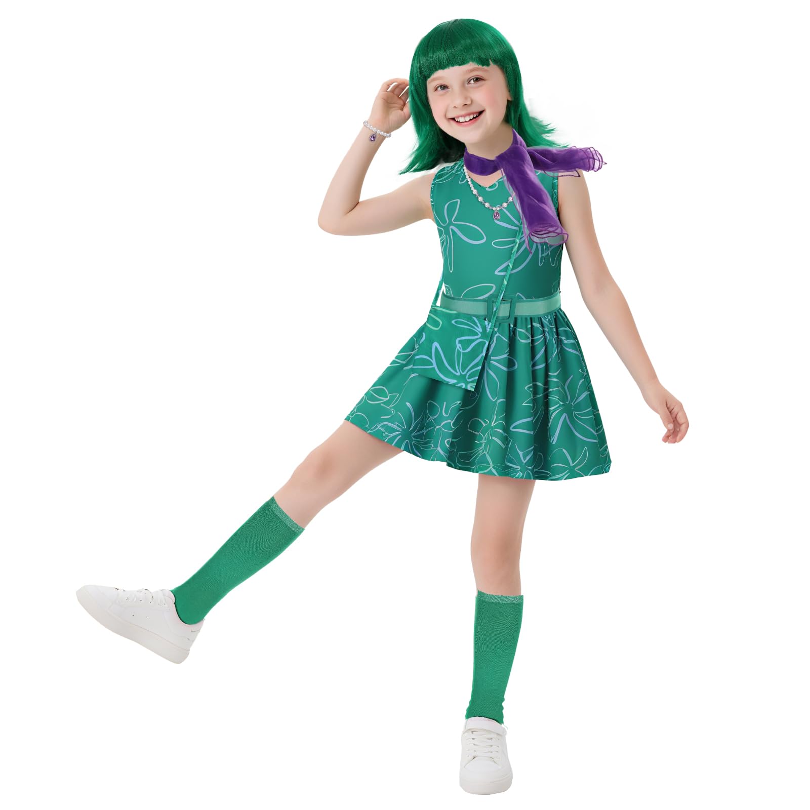 AENEY 9PCS Kids Girls Disgust Inside out Costume, Green Princess Dress with Wig Scarf Necklace Stocking - Image 2