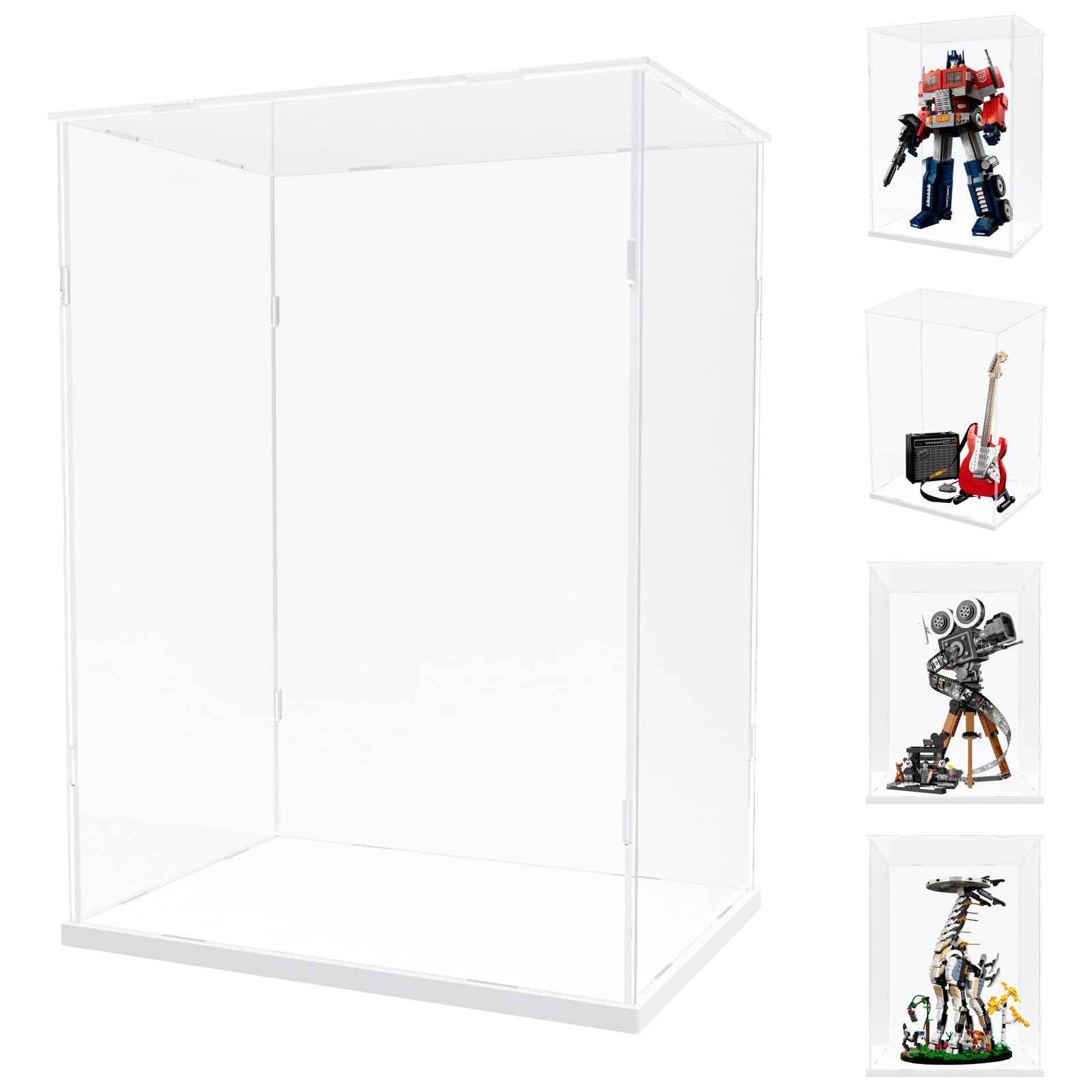 Choowin Acrylic Display Case for Lego Optimus Prime 10302 for Lego Guitar 21329 Camera 43230 Thickened Clear Acrylic Display Cases for Collectibles Assemble Dustproof Display Box(White Base)