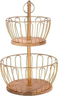 Craft Brio 2 Tier Home and Kitchen Fruit Vegetable Baskets Metal and Wooden Multicolor Black/Gold/Rose Gold Size (16.5 Inches Height) (Gold)
