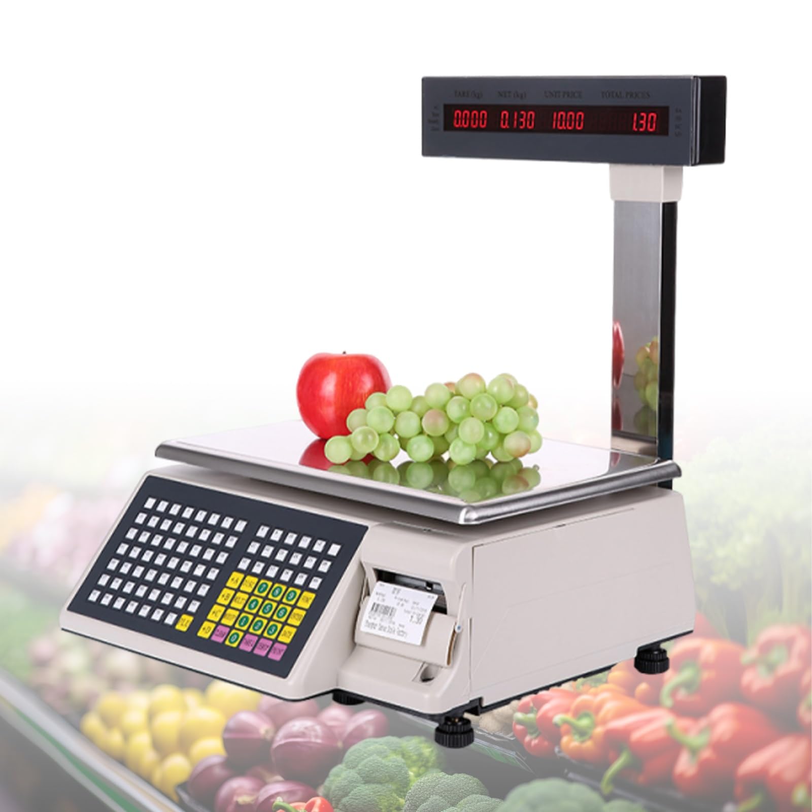System Wagowy z Drukarką Etykiet Samoprzylepnych na Bazar i Handel Obwoźny, Elektroniczna Waga Sklepowa z Złączem do Szuflady Kasowej, Podwójny Ekran HD LCD(15kg/5g)
